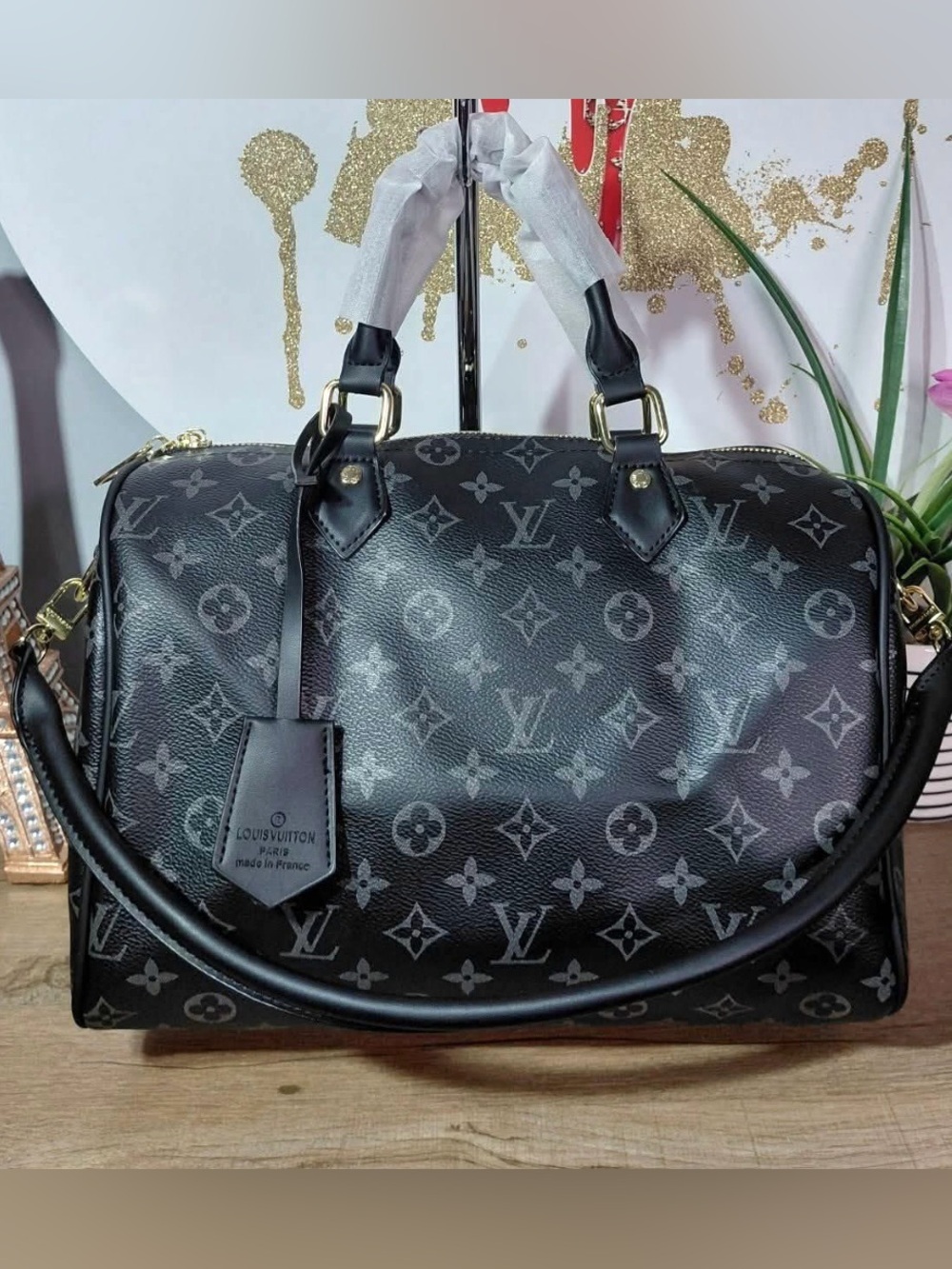 Luxury fashion design Black Monogram Satchel with Red Cherry Charm-NWOT